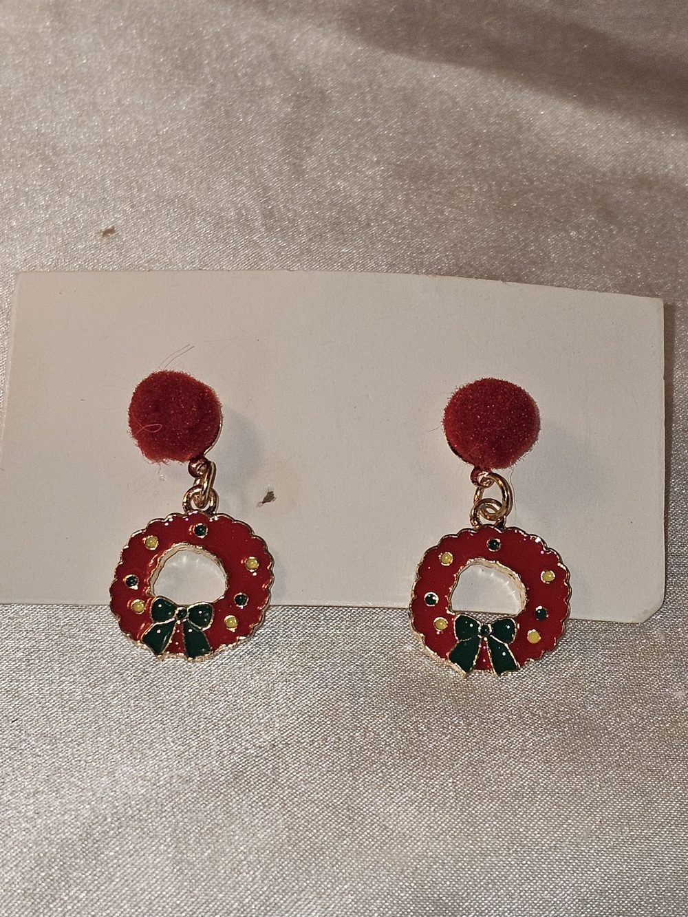 Holiday Red Wreath Drop Earrings with Green Bow Accent
